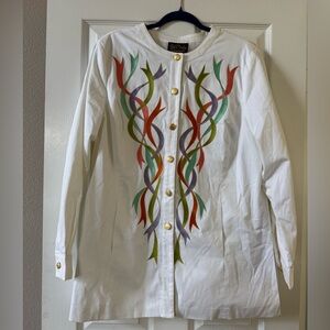 Bob Mackie Wearable Art White Jacket with Embroidered Ribbon Design size L